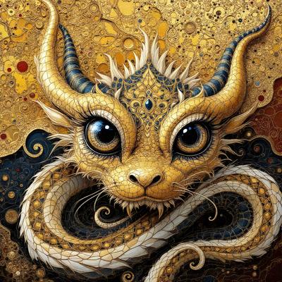 The primary subject of the image is a dragon with a serpentine body, which is the main focus of the image. The dragon is depicted with a yellow and blue color scheme, giving it a vibrant and lively appearance. The setting is a decorative painting, which adds to the visual style of the image. The colors and mood of the image are lively and energetic, with the dragon's vivid colors and the overall artistic design of the painting.